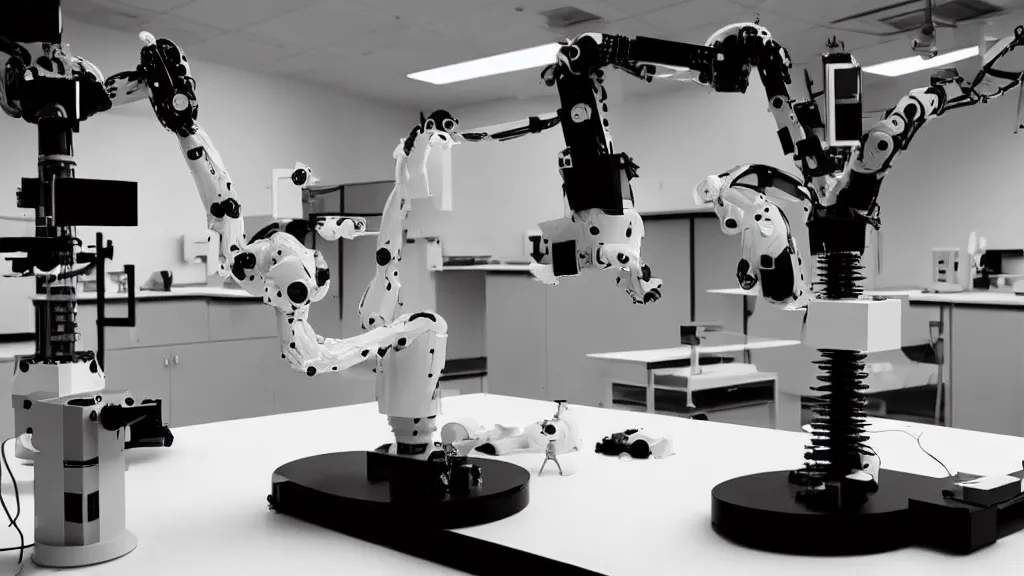 Image similar to a complex bifurcated robotic cnc surgical arm hybrid mri 3 d printer machine making black and white ceramic mutant forms in the laboratory inspection room, film still from the movie directed by denis villeneuve with art direction by salvador dali, wide lens