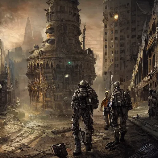 Image similar to soldiers exploring a city in the year 2 7 1 7, 1 9 2 0's sci - fi, deep aesthetic colors, 8 k, highly ornate intricate details, extreme detail,