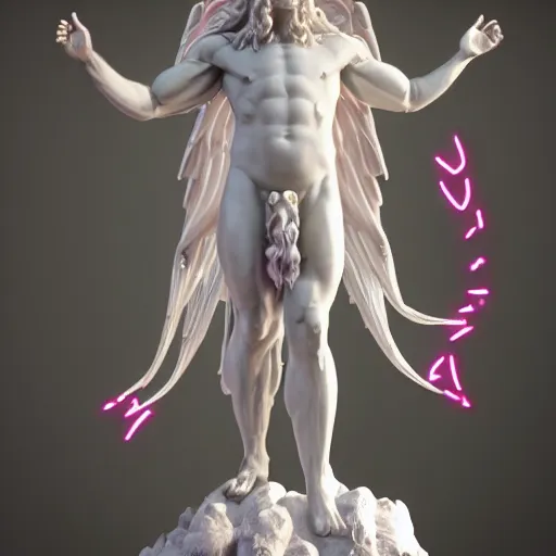 Prompt: photo of fullbody rococo and synthwave delicate neon pink sculpture of a hulking herculean muscular onyx albino marble jesus christ as an iridescent humanoid deity, angelic halo, wings, crown of thorns, cinematic lighting, photorealistic, octane render, 8 k, depth of field, 3 d