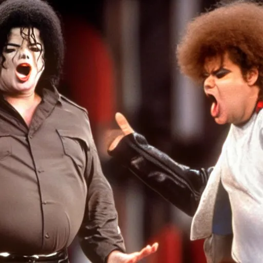 Image similar to mad michael jackson yelling at sad chris farley for messing up his bob ross painting