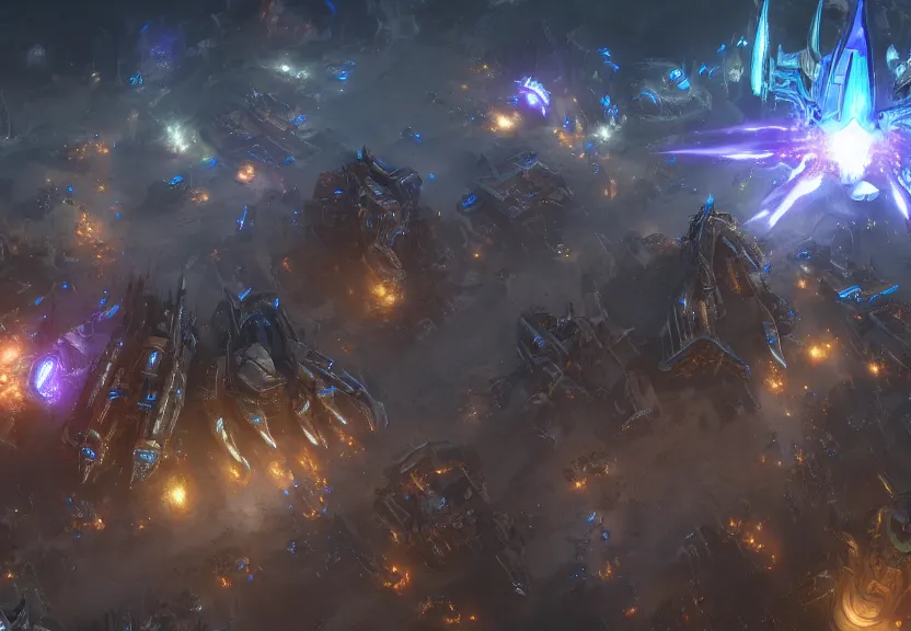 Image similar to protoss spaceship attacking zerg city from above beautiful art uhd 4 k, artstation, hdr, 4 k, incredible detail, cinematic lighting, unreal engine 5