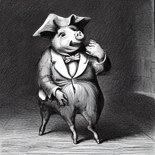 Image similar to a pig in a tuxedo, chiaroscuro, illustration by Gustave Doré,