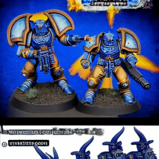 Image similar to An ultramarine who shoots a bolter at a House demon, in the background there are many other ultramarines who also open fire on demons, a very beautiful style,Warhammer Trailer Style 40000, Very detailed picture,