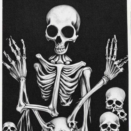 Prompt: scrawny teenage girl with short black hair and black irises. black and white skull facepaint. pointed face. black robes, corset of rib bones, bone ear piercings. femme-androgynous. surrounded by skeletons. skulls in hands, black white and light blue color scheme, baroque, by Michelangelo, high detail