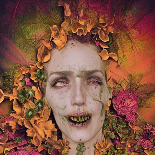 Image similar to a beautiful detailed front view portrait of a rotten woman corpse with fractal plants and fractal flowers growing around, volumetric light, beautiful lit, polaroid photography