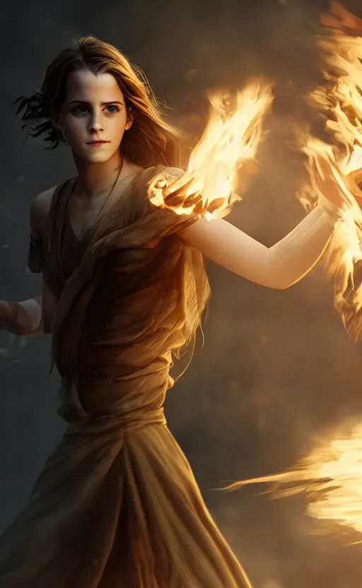 Image similar to Emma Watson casting a fire spell. Digital art trending on artstation. 4k. Tyndall effect.