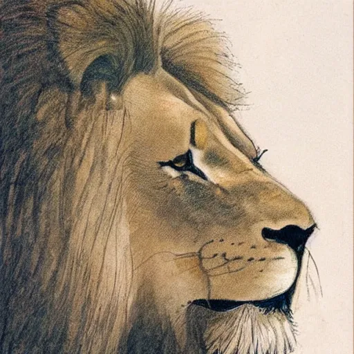 Prompt: jerry pinkney illustration of a lion