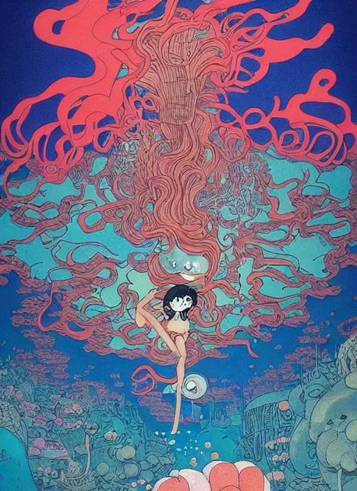 Prompt: 70s vintage anime illustration by Studio Ghibli and by James Jean, giant underwater cliffs at night filled with glowing anemones by Jeffery Smith by Mati Klarwein, underwater Atlantean city landscape is hyper detailed and lights up the black sea, bright bold colors, a surreal magical aura surrounds this hidden city