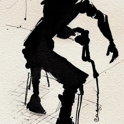 Image similar to a man dragging a dark silhouette by the ankle, detailed watercolor pen ink illustraion by Hugo Prades