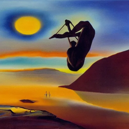 Image similar to An abstract oil painting of rock climbing by Salvador Dali, sunrise, scenic