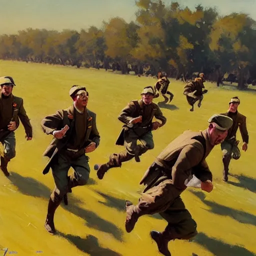 Prompt: greg manchess painting of a group of men running in a field wearing military uniform, painting, trending on artstation, by huang guangjian and gil elvgren and sachin teng