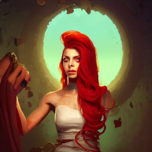 Image similar to beautiful woman with glowing red hair, portrait, maya ali mage, gloomhaven, dynamic lighting, gaudy colors, octane render aesthetic, matte painting concept art, official fanart behance hd artstation by jesper ejsing, by rhads and makoto shinkai and lois van baarle and ilya kuvshinov and rossdraws