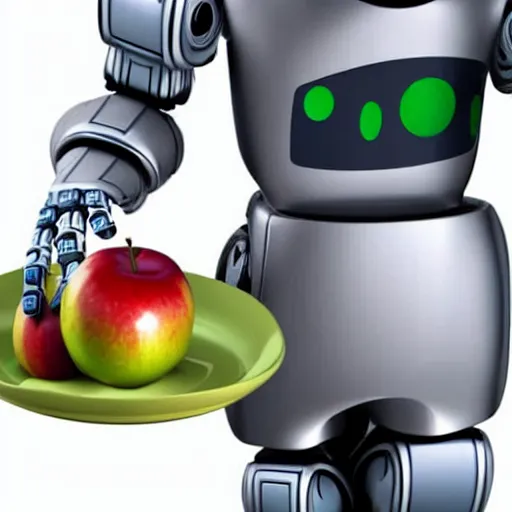 Prompt: a robot butler holding a plate with an apple on it.