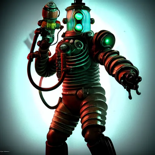 Image similar to isaac clarke as a bioshock big daddy, unreal engine 5, bioshock deadspace, high detail 3 d render,