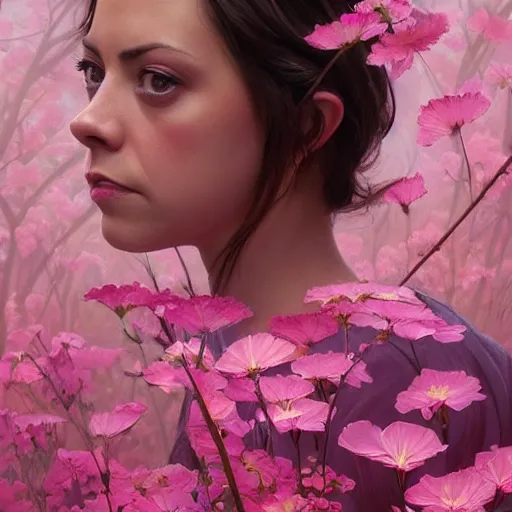 Prompt: pink petals with a ahape of a wonderful aubrey plaza and christina ricci and mila kunis, intricate, elegant, highly detailed, wonderful eyes, sweet, digital painting, artstation, concept art, smooth, sharp focus, illustration, art by artgerm and greg rutkowski and alphonse mucha and william - adolphe bouguereau