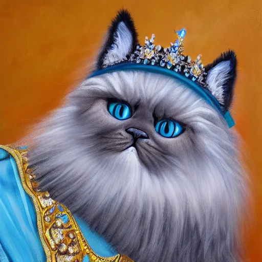 Prompt: anthromorphic fluffy himalayan cat dressed in queen robe and crown, detailed 4 k oil painting