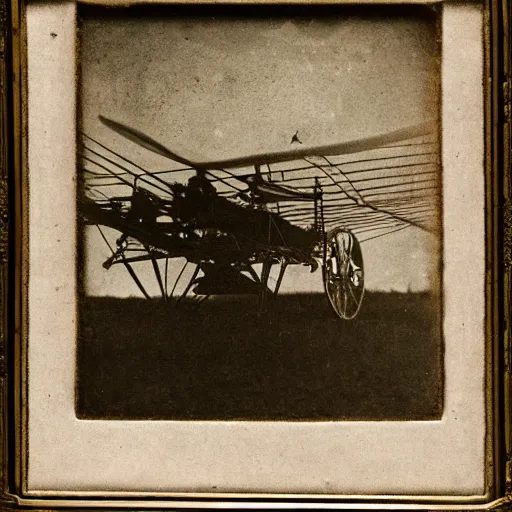 Image similar to 1800 photograph, daguerreotype, Leonardo Da Vinci's flying machine driven by a woman, High definition, volumetric light, detailed details,