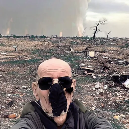 Image similar to last selfie of last alive ukrainian very damaged after a nuclear strike, a nuclear explosions in the background, dead bodies everywhere, 2 0 2 2