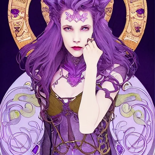 Image similar to vampire with purple hair in sci - fi power armor, highly detailed, very intricate, art nouveau, gold filigree, romantic storybook fantasy, soft cinematic lighting, award - winning, disney concept art watercolor illustration by mandy jurgens and alphonse mucha and alena aenami, pastel color palette, featured on artstation