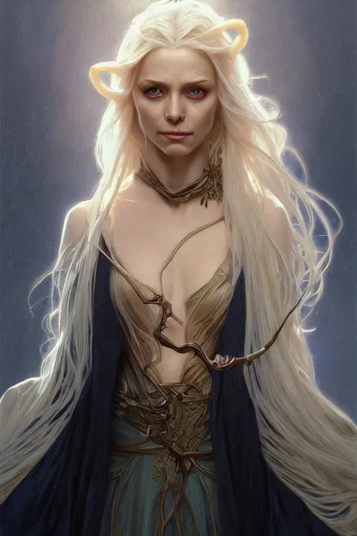 Image similar to portrait of an old blonde elven mage, dark, piercing eyes, gentle expression, elegant clothing, photorealistic, highly detailed, artstation, smooth, sharp focus, art by michael whelan, artgerm, greg rutkowski and alphonse mucha