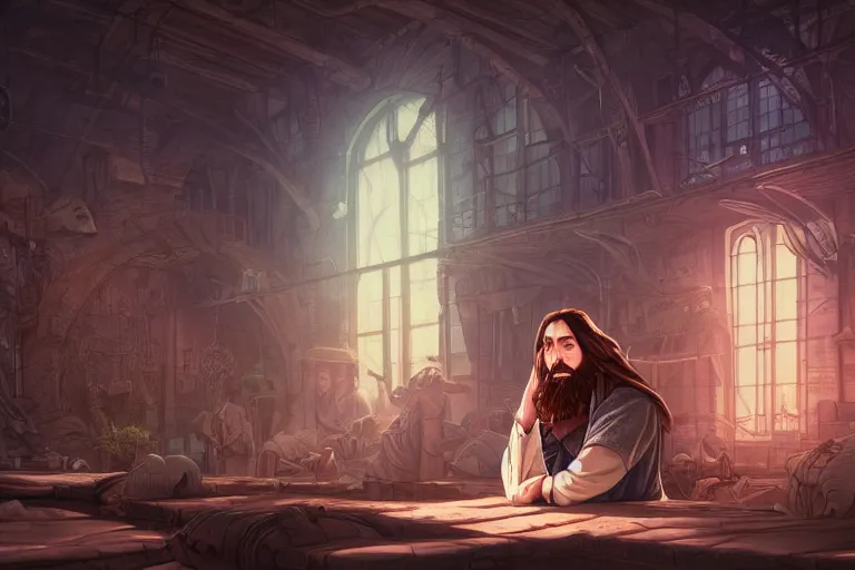 Prompt: a portrait of jesus praying, steampunk, fantasy by dan mumford, yusuke murata and makoto shinkai, 8 k, cel shaded, unreal engine, featured on artstation, pixiv