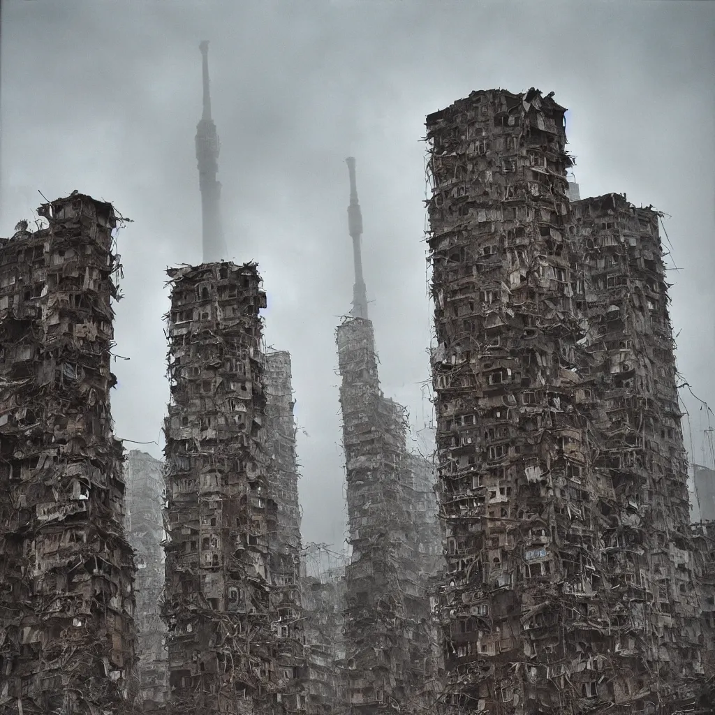 Prompt: tall towers, made up of makeshift squatter housing with faded colours, apocalyptic sky, misty, dystopia, mamiya rb 6 7, fully frontal view, ultra sharp, very detailed, photographed by andrei tarkovsky