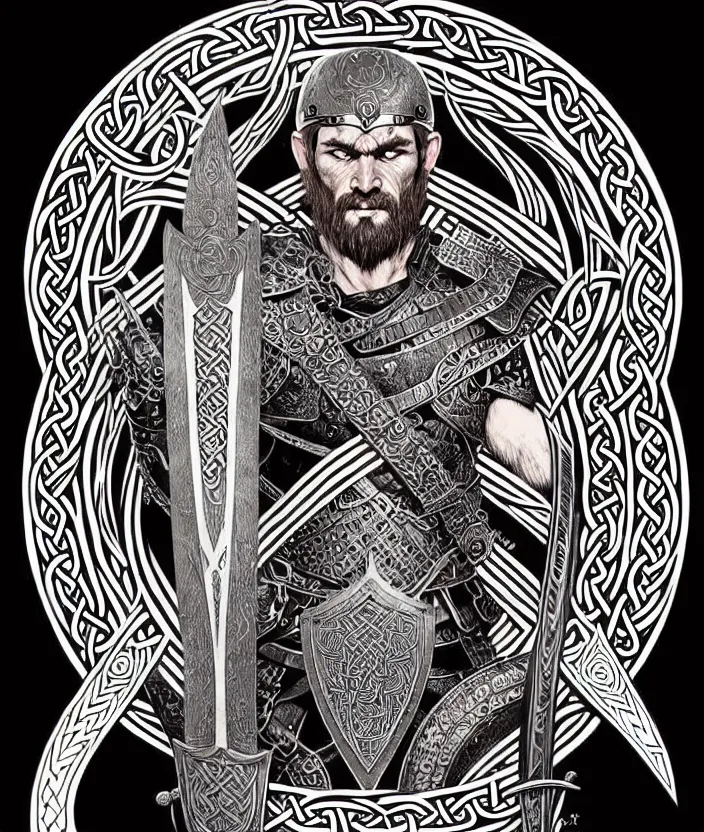 Prompt: knotwork with center viking warrior, extremely detailed, bold line art, by vincent di fate and joe fenton and artgerm, holding shield and sword, centered, inking, etching, screen print, inkblots of color, masterpiece, trending on artstation, sharp, high contrast, hyper realistic, hd, 4 k, 8 k