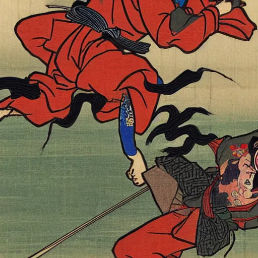 Prompt: ninjas jumping off horses to fight samurai manga style ukiyoe style