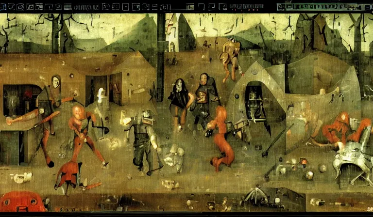 Image similar to Combat in a survival horror game, PS1, 2D sprites, gameplay screenshot, by Hieronymous Bosch