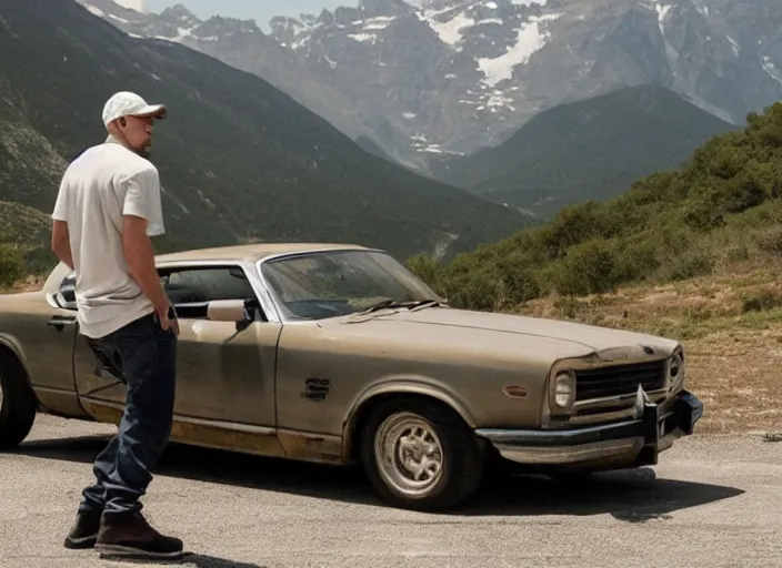 Image similar to a very high resolution image from a new movie, eminem shooting a car. mountains, directed by wes anderson
