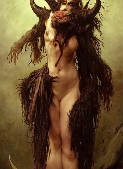 Prompt: half demon half human intricate skin hairy costume, elegant, peaceful, full body, horns, hyper realistic, extremely detailed, dnd character art portrait, fantasy art, intricate fantasy painting, dramatic lighting, vivid colors, deviant art, artstation, by edgar maxence and caravaggio and michael whelan and delacroix.
