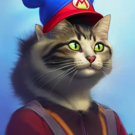 Image similar to Portrait of a Cat wearing a Mario hat, kawaii aesthetic, nintendo, highly detailed, digital painting, artstation, concept art, smooth, sharp focus, illustration, art by artgerm and greg rutkowski and alphonse mucha