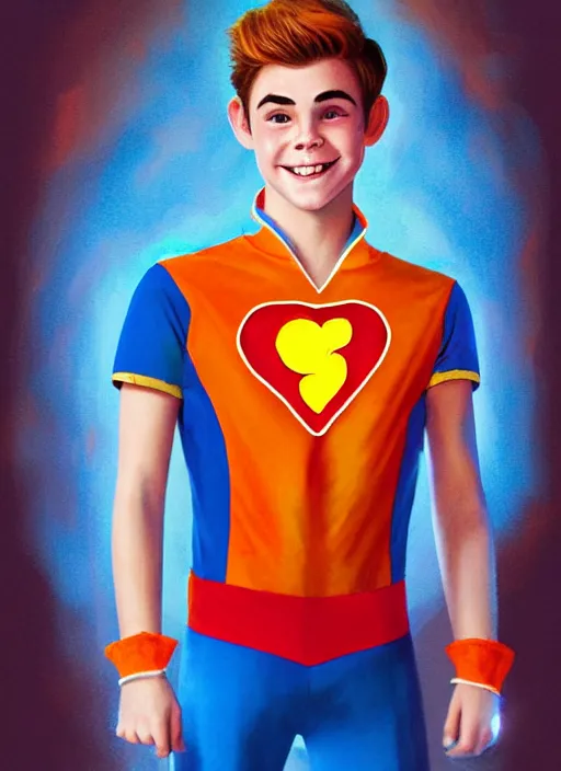 Image similar to friendly teenage archie andrews wearing an orange superhero costume with heart logo, heart, orange costume, blue cape, freckles, cape, heart emblem on chest, heart, blue cape, intricate, elegant, glowing lights, highly detailed, digital painting, artstation, sharp focus, illustration, art by wlop, mars ravelo and greg rutkowski