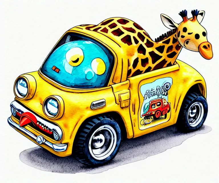 Image similar to cute and funny, giraffe wearing a helmet riding in a tiny hot rod with oversized engine, ratfink style by ed roth, centered award winning watercolor pen illustration, isometric illustration by chihiro iwasaki, edited by range murata, tiny details by artgerm and watercolor girl, symmetrically isometrically centered