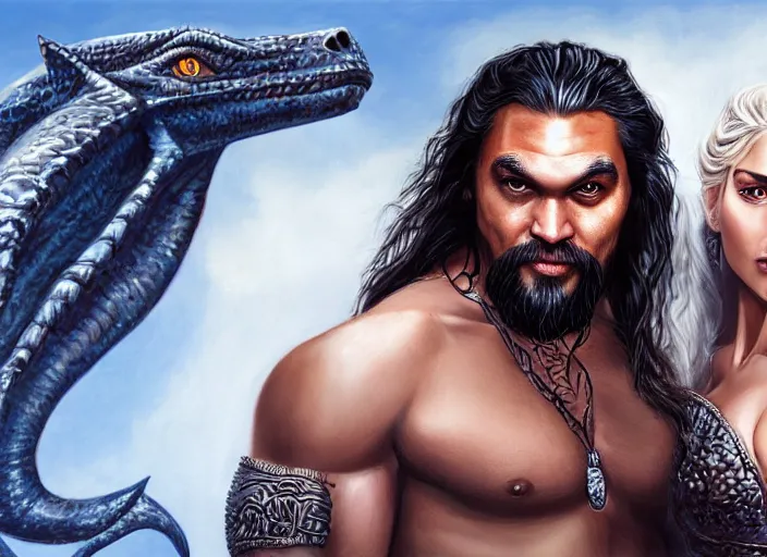 Image similar to jason momoa as khal drago with queen daenerys stormborn by anne stokes and larry elmore, detailed matte painting, realistic portrait, symmetrical, highly detailed, digital painting, artstation, concept art, smooth, sharp focus, illustration, cinematic lighting, 8 k resolution