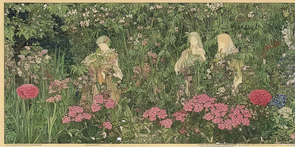 Image similar to an illustration of a beautiful garden, isometric view, painted by ernst haeckel and hasui kawase and alphonse mucha