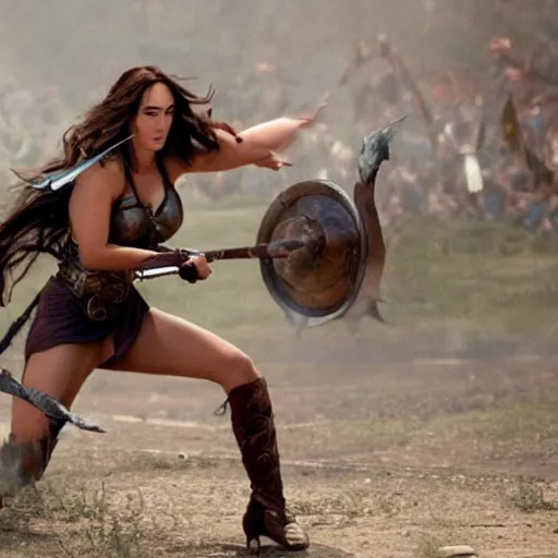 Prompt: the greek goddess athena in battle, scene from live action movie, starring megan fox