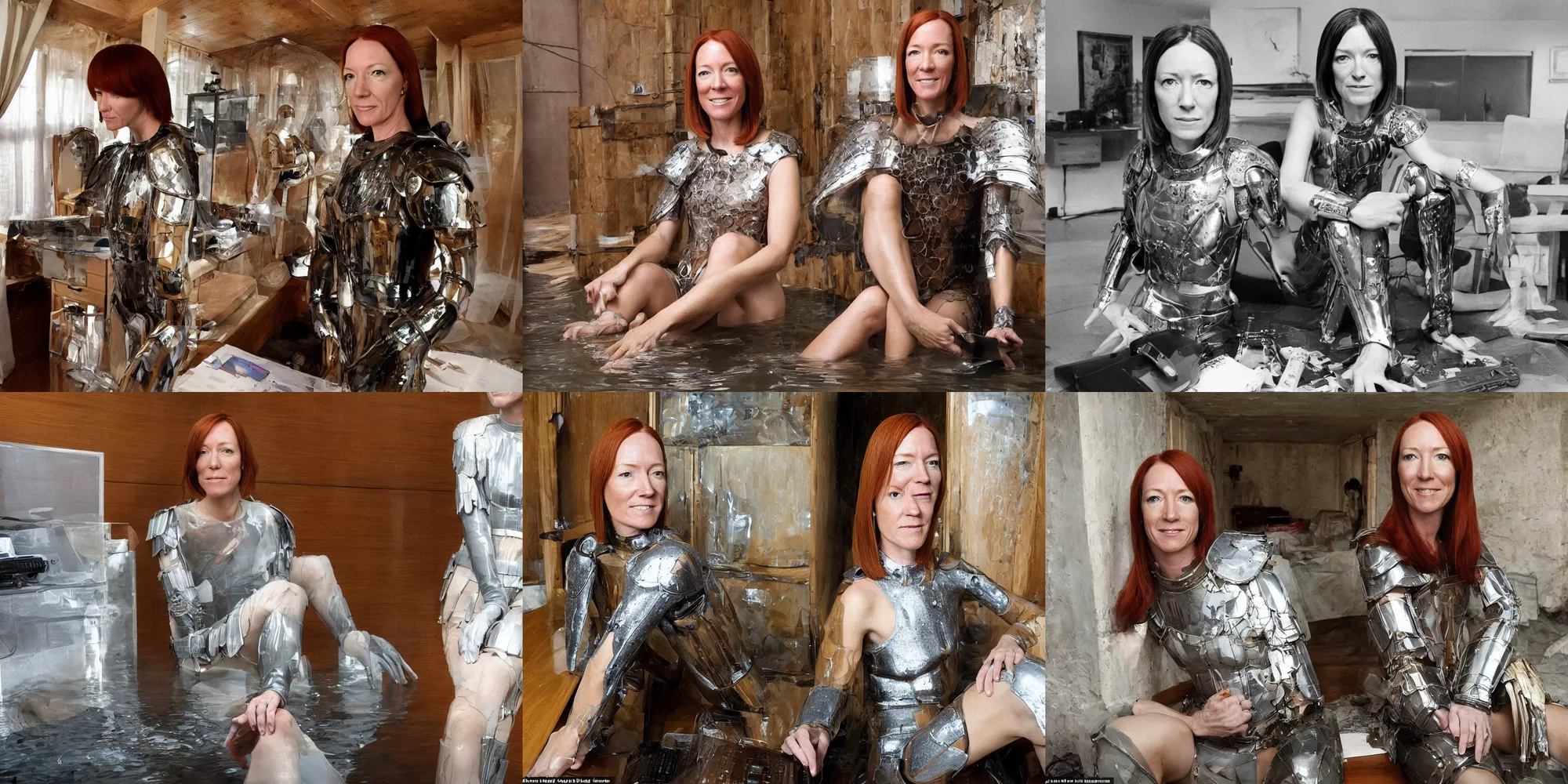 Prompt: high-angle closeup selfie photo : (subject= 'Jen Psaki' + subject detail= jellyfish human vogue model hybrid wearing semi-opaque roman armor), sitting inside of a partially flooded 1970s luxury bungalow cabin with soviet computer console