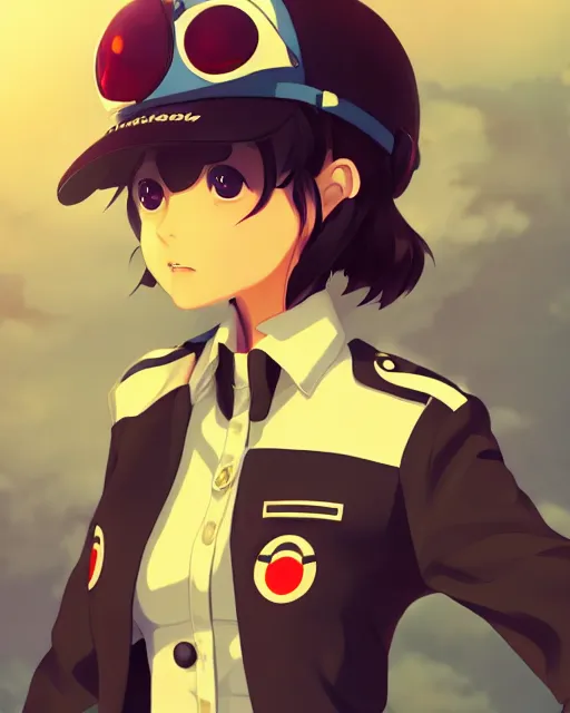 Image similar to Anime girl is dressed in plane pilot uniform. Anime. by lois van baarle, ilya kuvshinov, rossdraws, Ghibli marker anime art, manga concept Blizzard pixar maya engine on stylized background splash comics global illumination