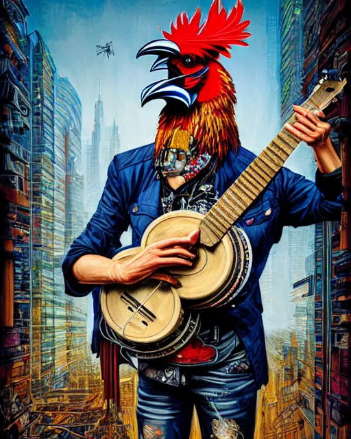 Prompt: a portrait of an anthropomorphic cyberpunk rooster strumming a banjo by sandra chevrier, by jon foster, detailed render, tape deck, epic composition, cybernetics, 4 k realistic, cryengine, realistic shaded lighting, sharp focus, masterpiece, by enki bilal