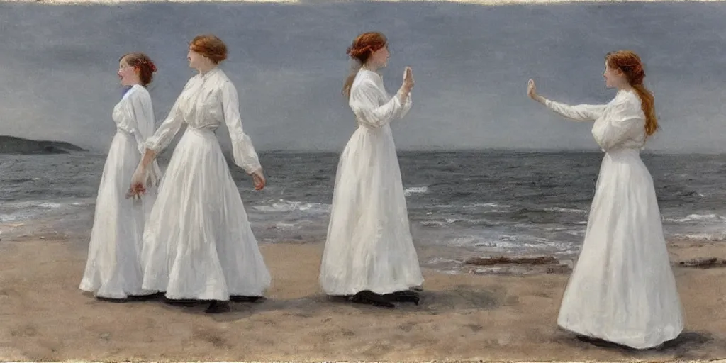 Image similar to 2 young edwardian women wearing white dresses hold hands on a beach in Sweden, in the style of Anders Zorn