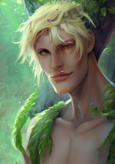 Image similar to A realistic anime portrait of a handsome dryad with glowing green eyes and tree bark skin wearing clothes made of leaves, digital painting, by Stanley Artgerm Lau, Sakimichan, WLOP and Rossdraws, digtial painting, trending on ArtStation, SFW version