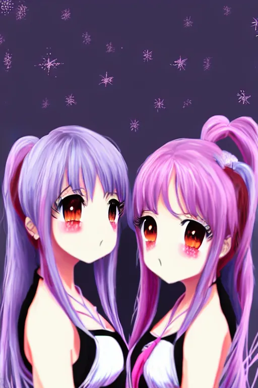 Prompt: two beautiful female idols with twintails facing each other, dark background, detailed anime art