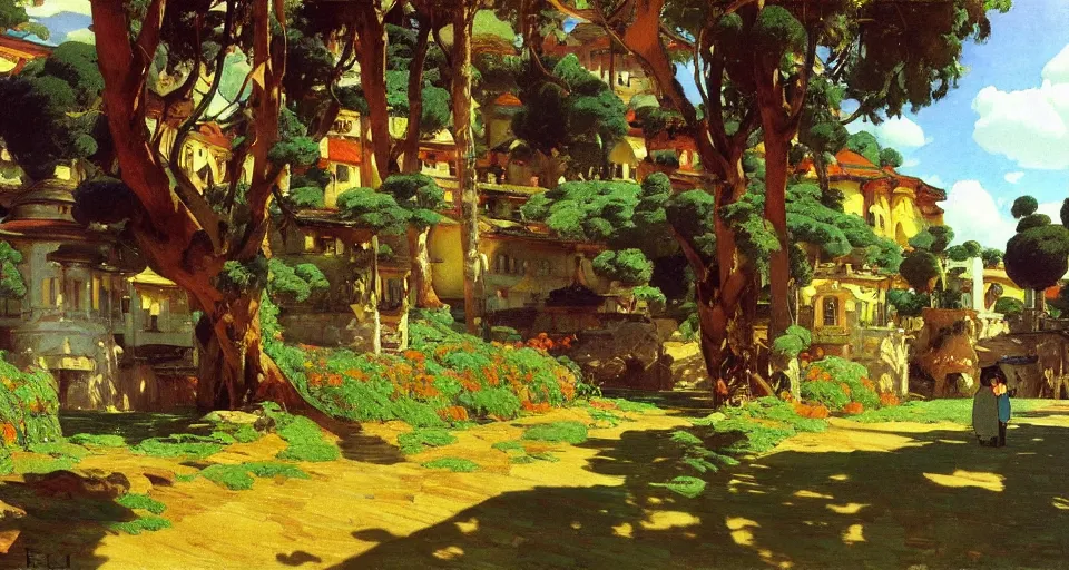 Image similar to ghibli illustrated background of a strikingly beautiful town by vasily polenov, joaquin sorolla, eugene von guerard, ivan shishkin, albert edelfelt, john singer sargent, albert bierstadt 4 k