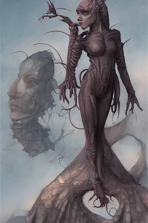 Image similar to a fashion editorial of a shaved tiefling alien with scaled skin meditating. she is wearing a tactical suit and has many body modifications. by tom bagshaw, donato giancola, hans holbein, walton ford, gaston bussiere, brian froud, peter mohrbacher and magali villeneuve. 8 k, fashion editorial, cgsociety