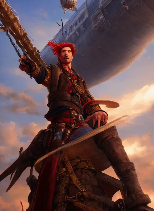 Image similar to An epic fantasy comic book style portrait painting of a red headed male sky-pirate in front of an airship, unreal 5, DAZ, hyperrealistic, octane render, cosplay, RPG portrait, dynamic lighting