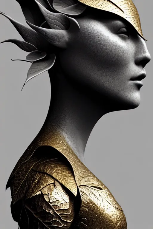 Image similar to bw close - up profile face, black background, beautiful young porcelain vegetal - dragon - cyborg - female, 1 5 0 mm, beautiful natural soft rim light, silver gold details, magnolia leaves and stems, roots, mandelbot fractal, elegant, hyper real, ultra detailed, white metallic armour, octane render, 1 6 k