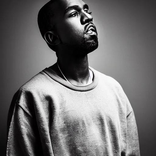 Image similar to the face of young kanye west wearing yeezy clothing at 2 4 years old, black and white portrait by julia cameron, chiaroscuro lighting, shallow depth of field, 8 0 mm, f 1. 8