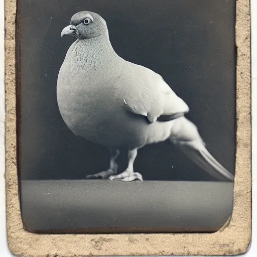 Image similar to Tintype photograph of chonky pigeon as an overweifght subject. 1990s studio lighting.