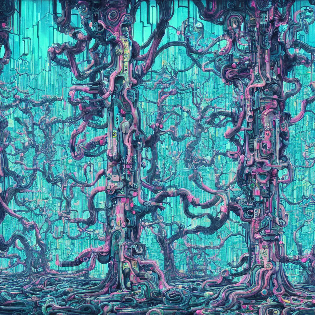 Prompt: acid trees in oil, cyberpunk, by james jean, photoillustration, mystical baroque, pastel synthwave